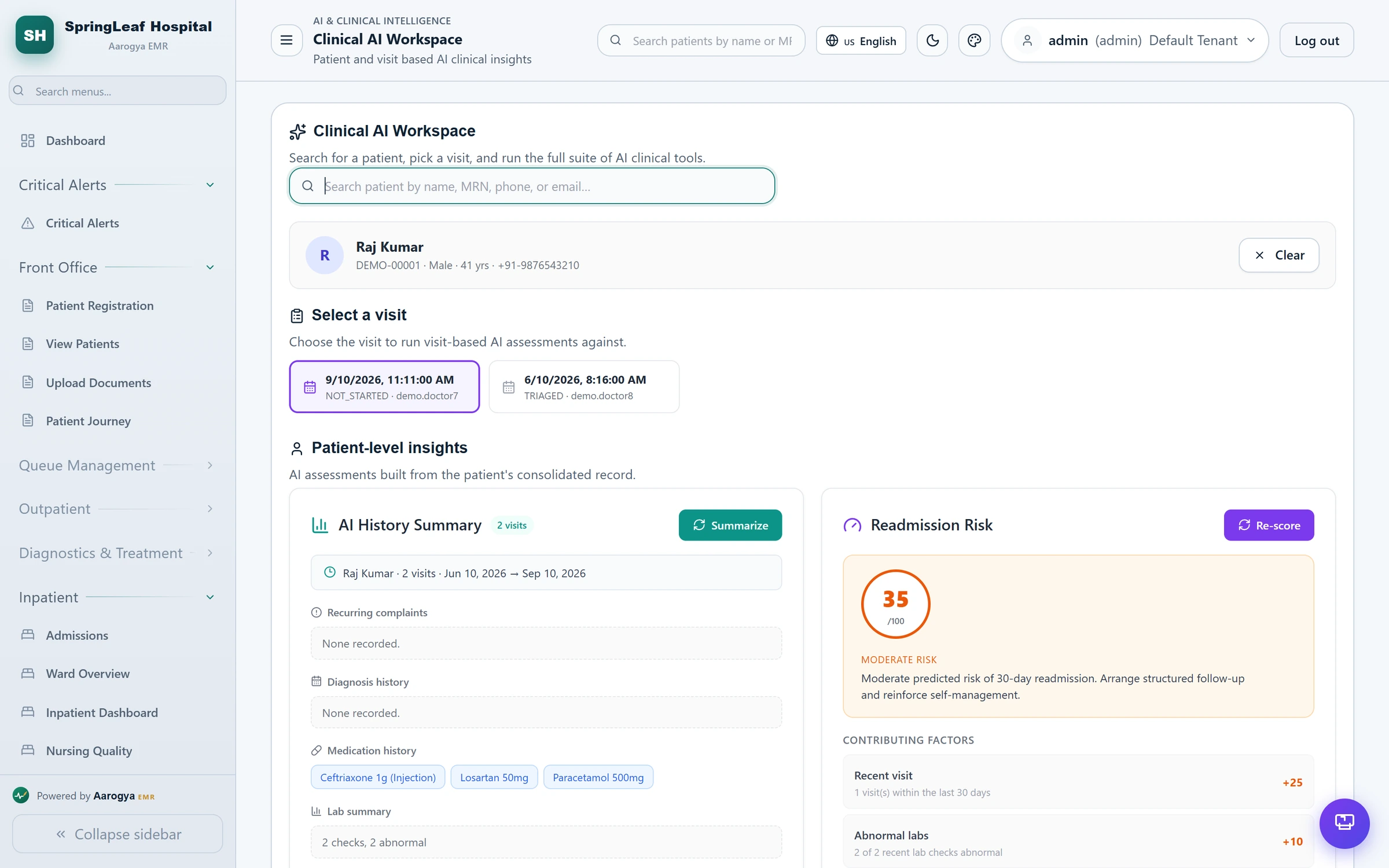 Aarogya EMR Clinical AI Workspace showing an AI history summary and a 30-day readmission risk score with contributing factors