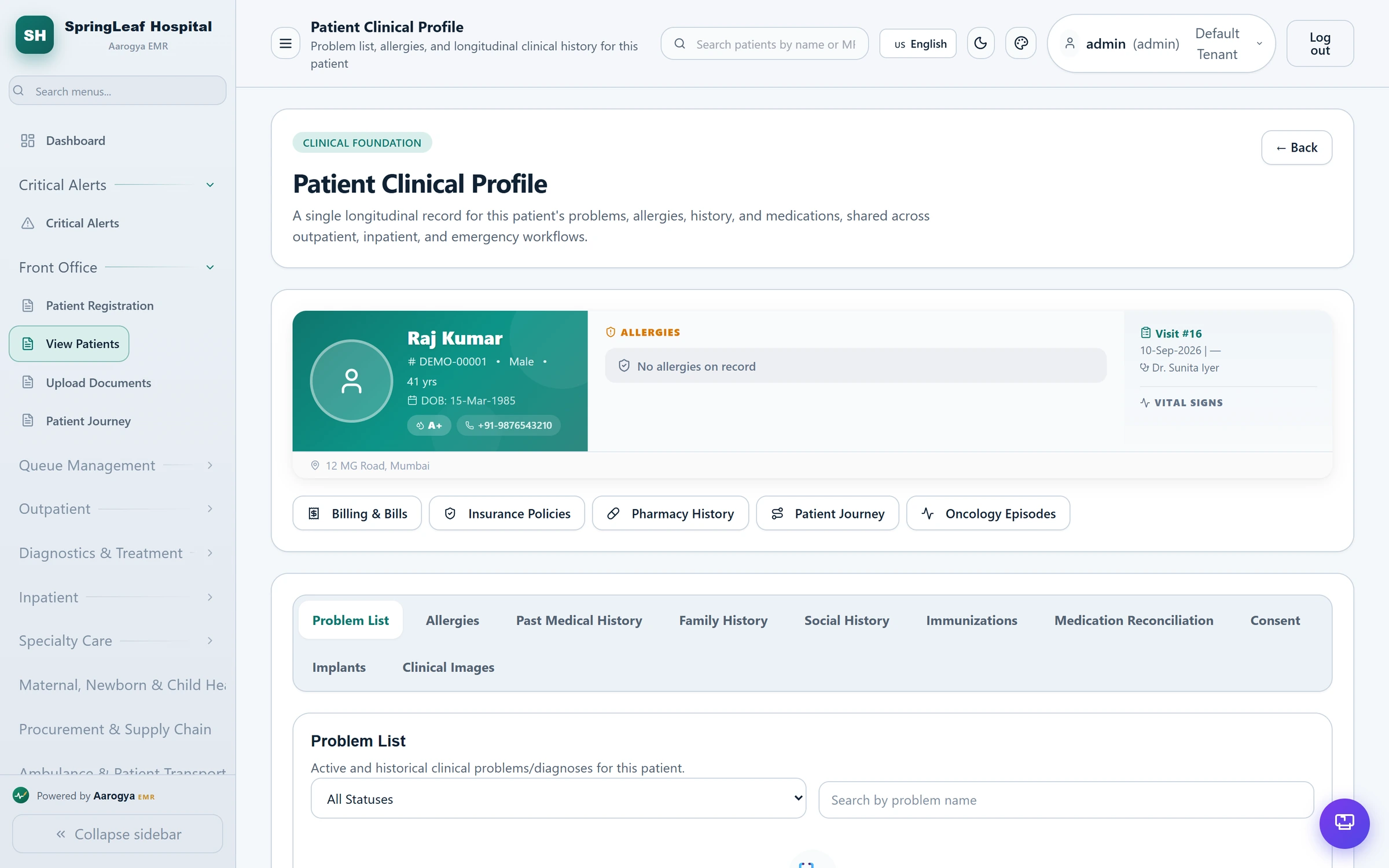 Aarogya EMR patient clinical profile showing allergies, visit history and problem list for a patient
