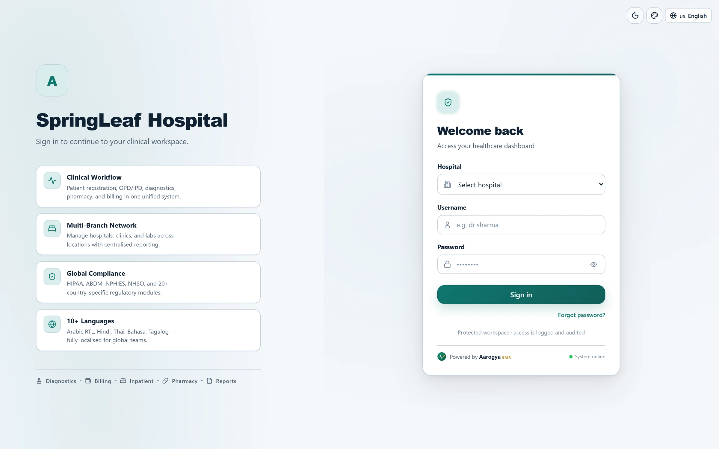 Aarogya EMR login screen showing hospital-scoped sign-in and a protected workspace notice