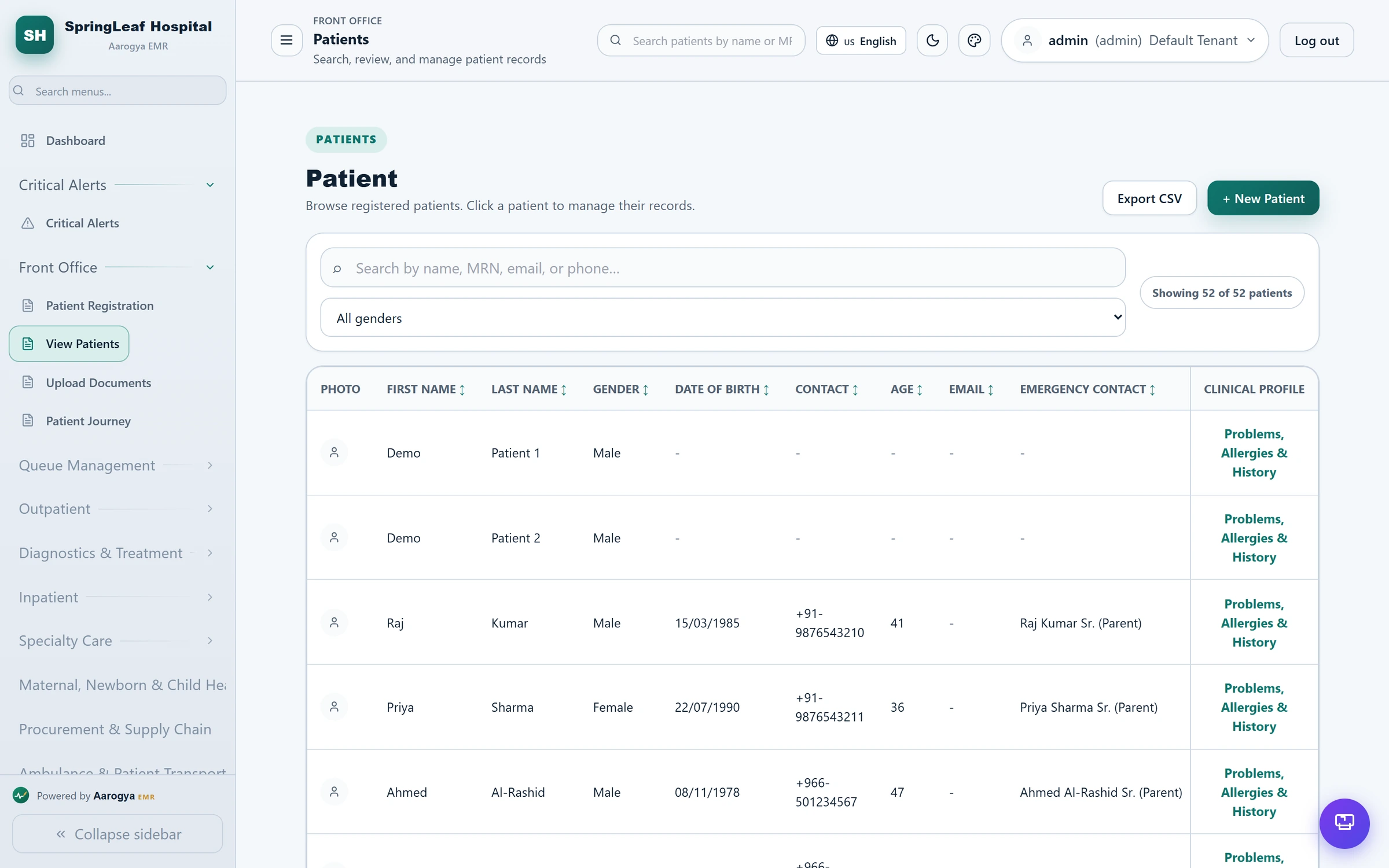 Aarogya EMR patient registry list with search and filters